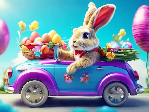 Cool Easter bunny in a car driving with sunglasses looking out of a car with easter eggs