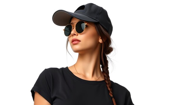 Cool fashion beautiful hipster woman in a fashionable black Tshirt with a baseball cap isolated