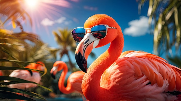 Cool flamingo wearing sunglasses in tropical paradise with warm sunlight