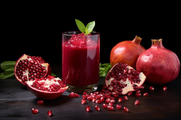 Cool and fresh glass of pomegranate juice and fresh organic pomegranate