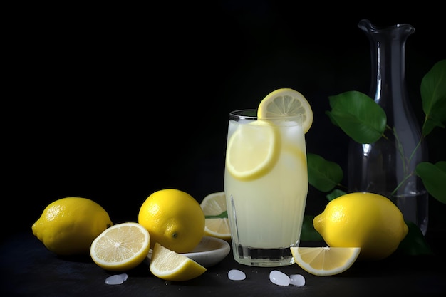 Cool freshly made lemonade and lemon fruits on black background Space for text AI generated