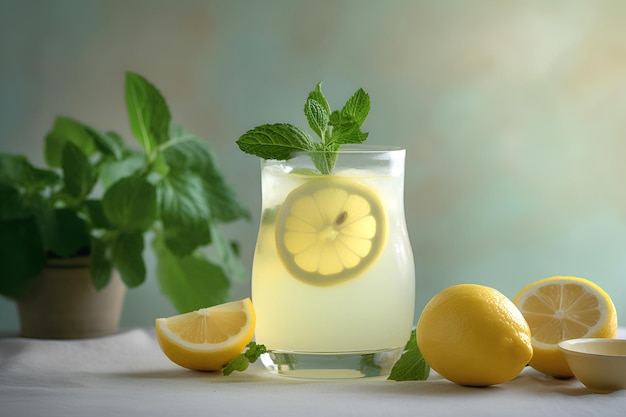 Cool freshly made lemonade and lemon fruits on light green background AI generated