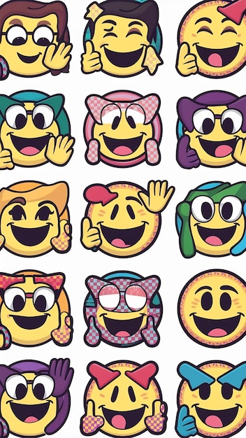 Cool Funky Emoticon Stickers Set of Groovy Smile Characters Cartoone Emoji with Hand