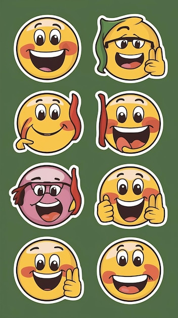 Cool Funky Emoticon Stickers Set of Groovy Smile Characters Cartoone Emoji with Hand