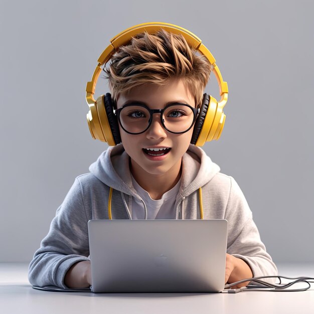 a cool garphic designer boy with headphones and laptop white backgroundGenerative AI