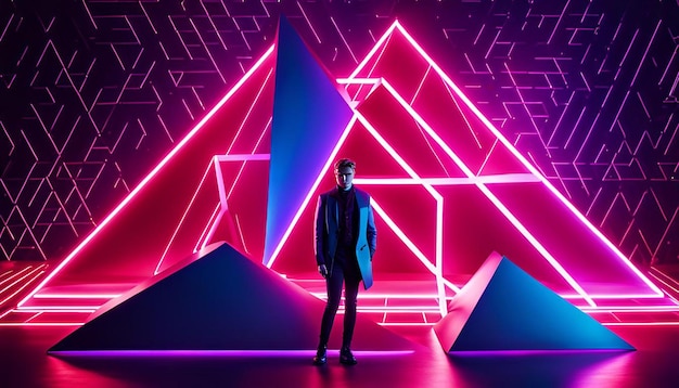 Cool geometric triangular figure in a neon laser light