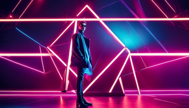 Cool geometric triangular figure in a neon laser light