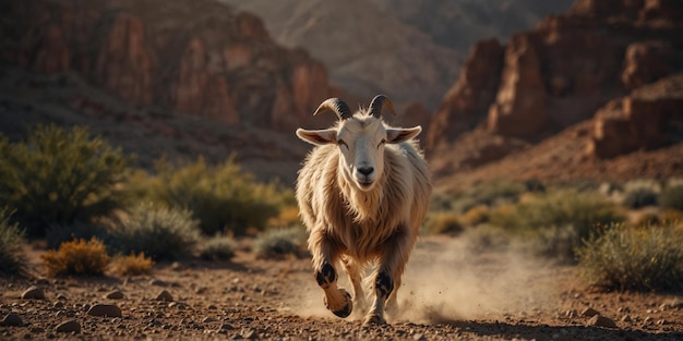 Photo a cool goat running through a desert canyon