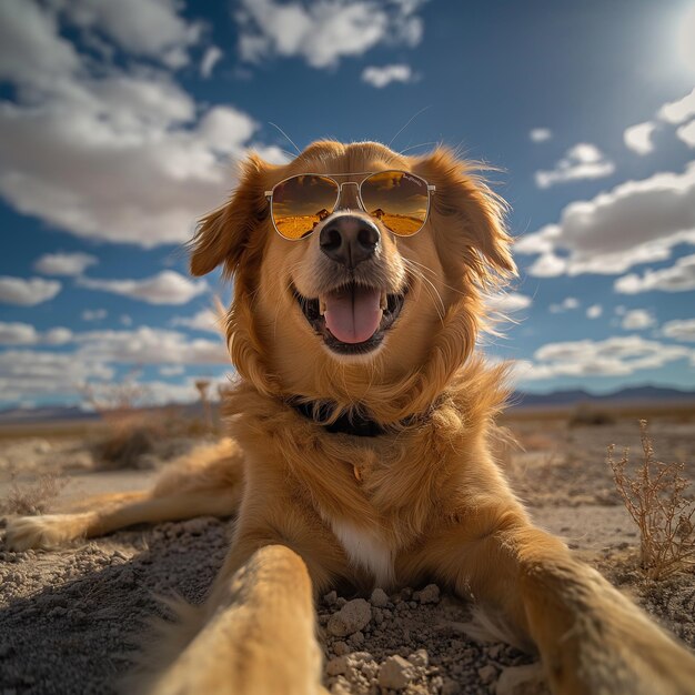 Photo cool golden retriever dog chilling in the desert with stylish sunglasses at sunset