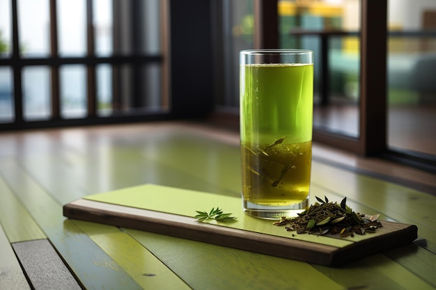 Cool green tea in a tall glass placed on the plank floor