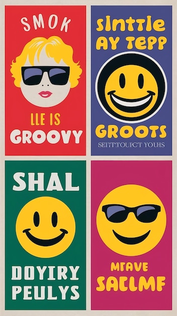 Photo cool groovy retro posters set vintage pop art placards with smile emoji