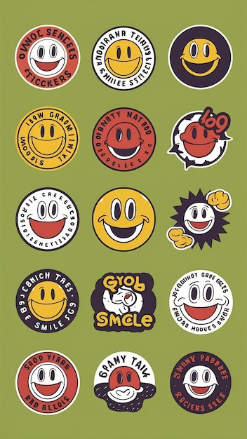 Cool Hand Drawn Groovy Stickers Set Collection Of Sketched Y2k Smile Patches