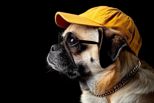 Photo cool hip hop dog gangster style with cap shades golden chain on dark background banner design