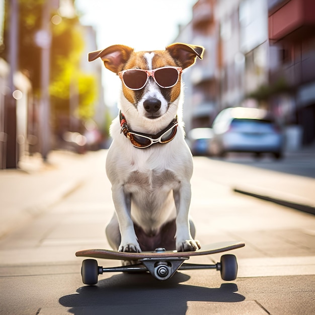 Cool Jack russell terrier dog sitting on a skateboard as skater wearing sunglasses Dog on skateboard in sunglasses in the city street Happy skater dog AI generated