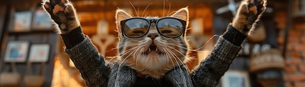 Cool Kitten in Sunglasses Celebrates with Fashionable Attire Joyful Feline Expression Adorable