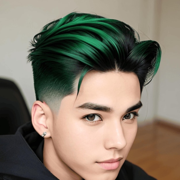 A cool and laidback anime boy with slickedback green hair