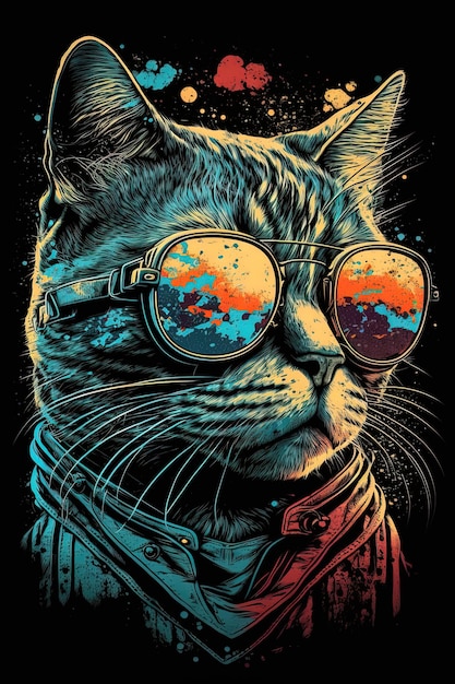 Cool looking illustration of cat with sunglasess