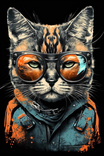 Cool looking illustration of cat with sunglasess