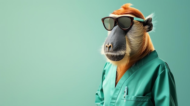 Photo cool monkey doctor wearing sunglasses and a green lab coat