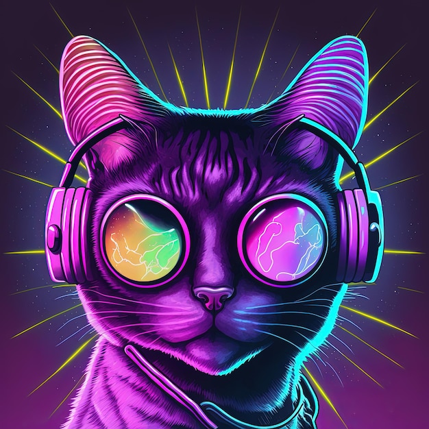 Cool neon party cat in headphones and glasses Generative AI Not based on any actual scene