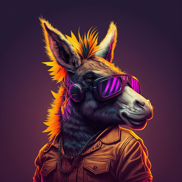 Cool neon party donkey in headphones and sunglasses Generative AI