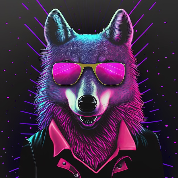 Cool neon party wolf in sunglasses Generative AI Not based on any actual scene