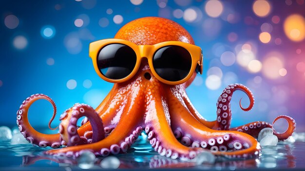 Cool octopus with sunglasses in vibrant underwater scene with bokeh background