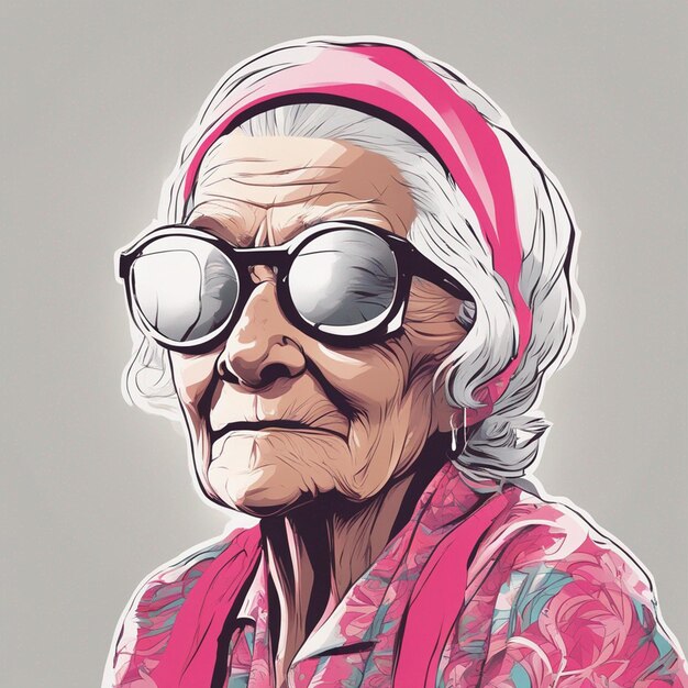 cool old woman with wrinkles wearing sunglases cartoon and groovy style