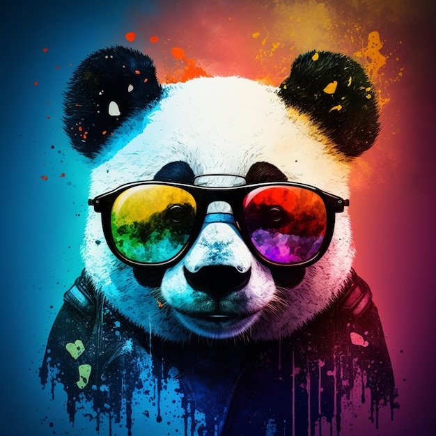 A cool panda with sunglasses is on a colorful background Generated by AI