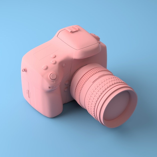 Cool professional camera on a blue background. All painted in one fashionable pink and pastel color. 