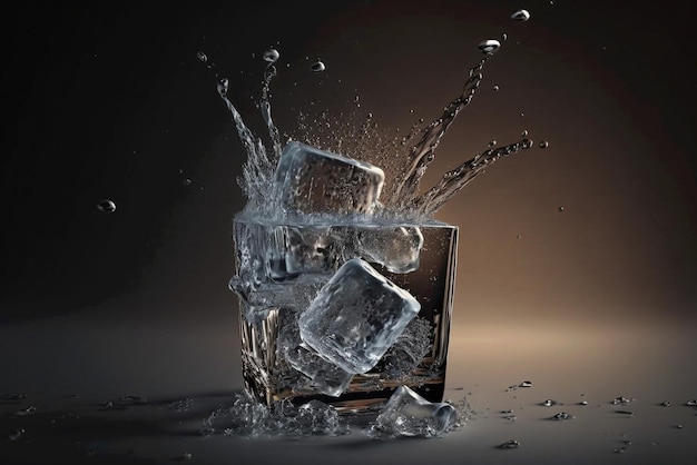 Cool refreshing crystals cubes with drops splashing Freeze shot on falling ice cubes water splash