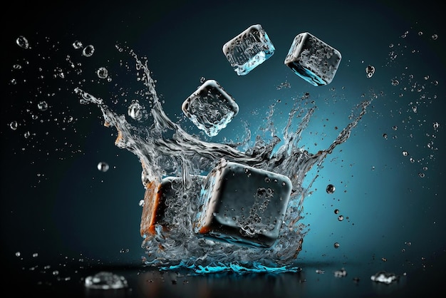 Cool refreshing crystals cubes with drops splashing Freeze shot on falling ice cubes water splash