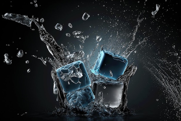 Cool refreshing crystals cubes with drops splashing Freeze shot on falling ice cubes water splash