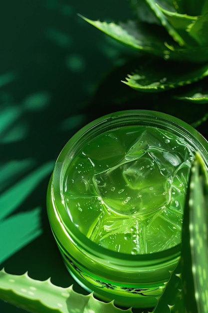 Cool relief for sunkissed skin A jar of soothing aloe vera gel its fresh contents glistening rests amidst a calming backdrop of green plants a natural solution for aftersun care