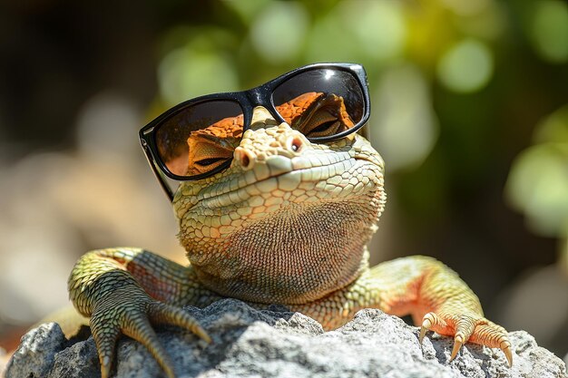 Photo a cool reptile relaxing on a rock wearing stylish black sunglasses amidst a vibrant green background