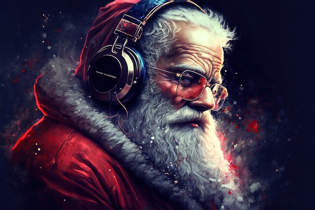 Cool Santa Claus is listening music in headphones