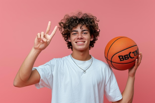 Photo cool schoolboy holding basketball isolated on pink background confident expression