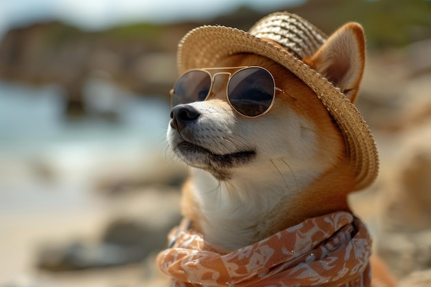 Photo cool shiba inu in sunglasses and hat