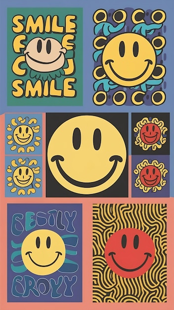 Cool Smile Funky Posters Collection Set Of Trendy Groovy Patterns Vector Design