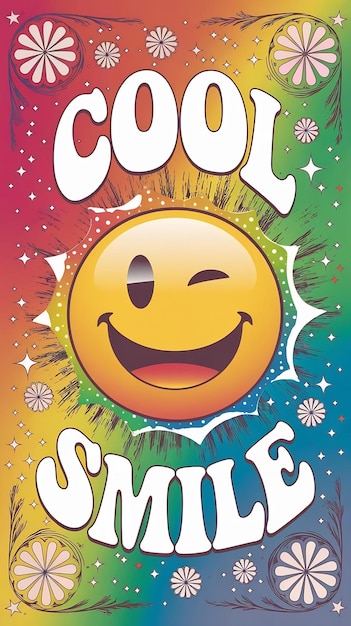 Photo cool smile hippie poster placard with happy emoticon face 90s aesthetic composition