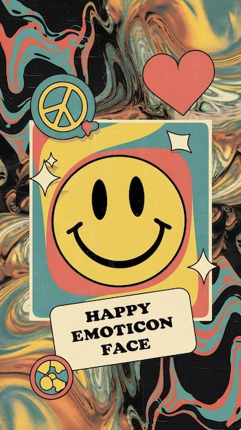 Photo cool smile hippie poster placard with happy emoticon face 90s aesthetic composition