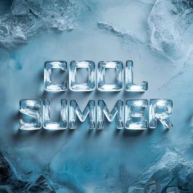 Photo cool summer typography made using transparent ice pieces on a cool blue background