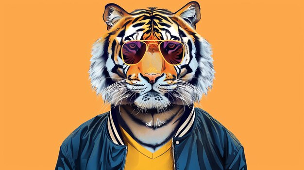 Photo a cool tiger wearing sunglasses and a blue bomber jacket is looking at the camera with a confident expression