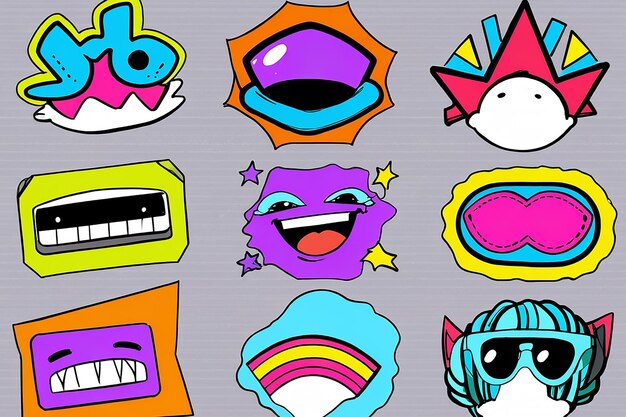 Photo cool trendy retro stickers with smile faces cartoon comic label patches funky hipster retrowave stickers in geometric shapes vector illustration of y2k 90s graphic design badges