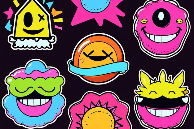 Photo cool trendy retro stickers with smile faces cartoon comic label patches funky hipster retrowave stickers in geometric shapes vector illustration of y2k 90s graphic design badges