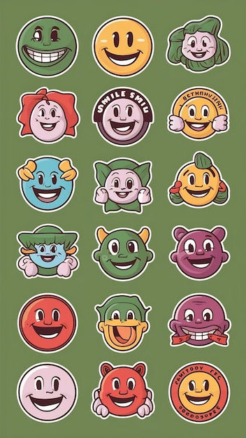 Cool Trendy Smile Stickers Set Collection of Cute Cartoon Characters Vector Design