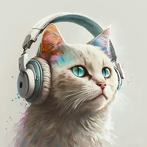 Cool white cat in headphones Generative AI