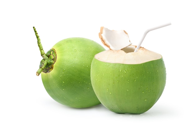 Cool  young coconut juice with water droplets isolated on white background.