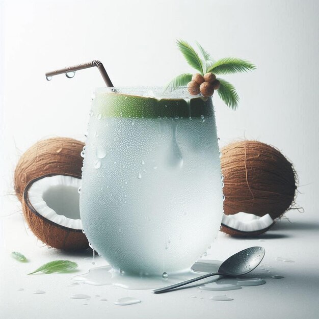 Cool young coconut juice with water droplets isolated on white background