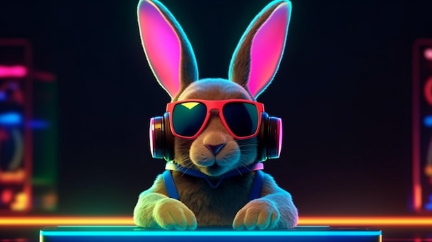 Cool young DJ rabbit or Bunny sunglasses in colorful neon light enjoys the music